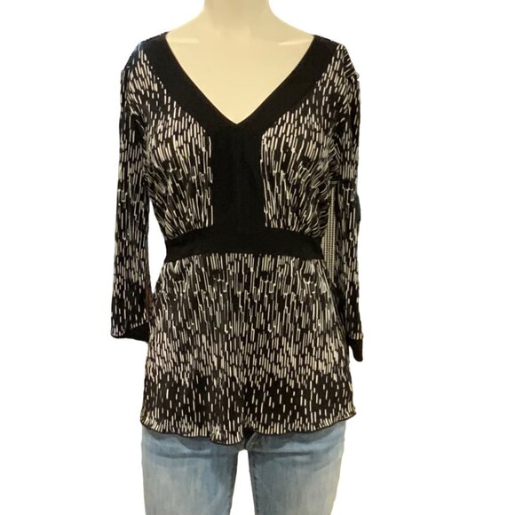Petite Sophisticates Women's long sleeve v neck black/white top/blouse tie in th - Picture 1 of 5